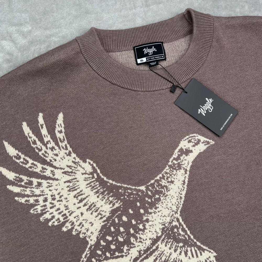 Waggle Upland Wildknit Sweater Mens XL Brown Pheasant Bird Graphic Crewneck - Picture 4 of 12